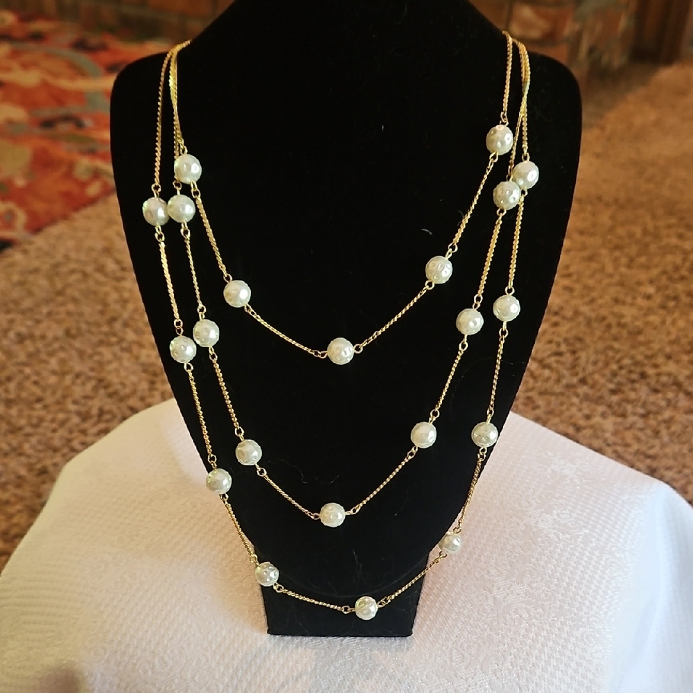 Goldette NY Vintage 3 Strand Gold and Pearl Necklace  29" L